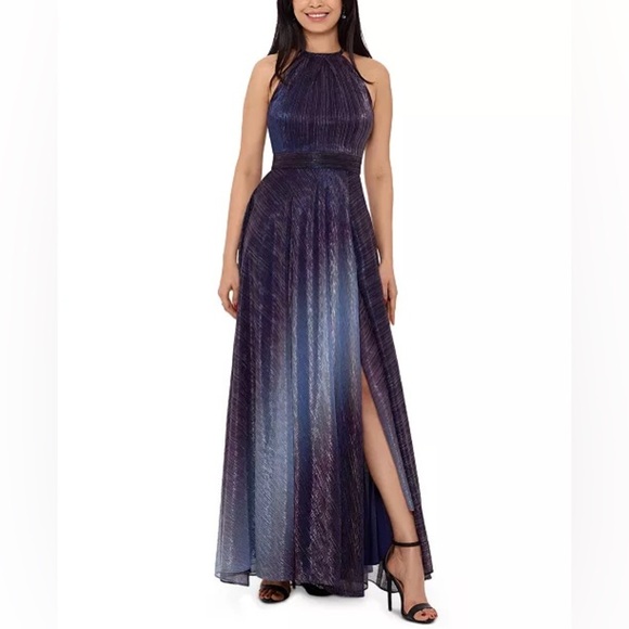 Betsy & Adam Metallic Crinkle Ombre Gown Maxi Dress Sparkle Party Prom Sz 2 - Picture 1 of 16